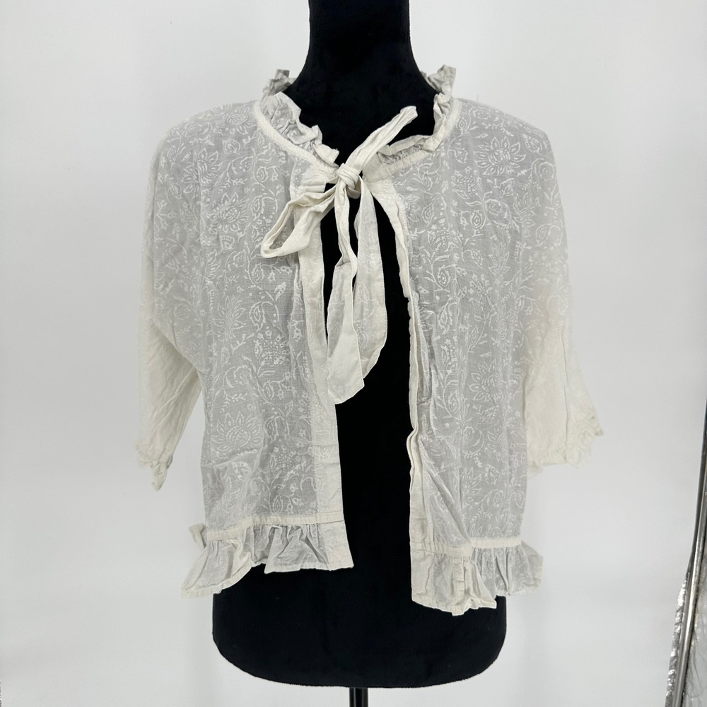 Kilol White Floral Ruffle Hem Open Cardigan‎ 3/4 Sleeve Bow Cottage Feminine L